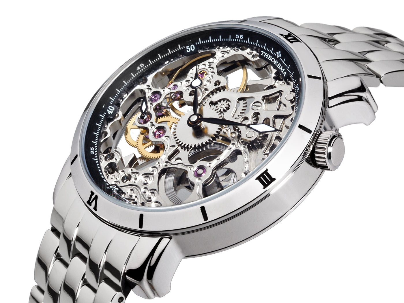 Mix of roman and arabic numbers ont his high grade stainless steel mechanical Rio collection for men.