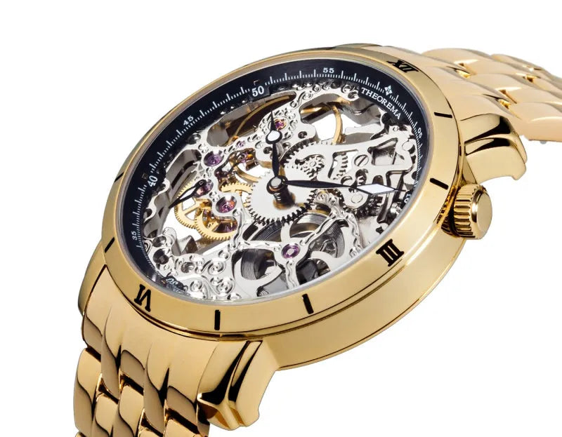 Silver engraved dial that lets you admire the mechanism with a mix of roman and arabic numerals.