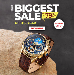 Gold case blue dial watch with the writing Our biggest sale of the year up to 79% off limited offer shop here.