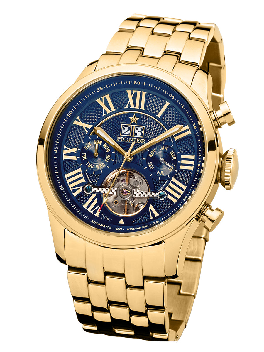 Blue dial with gold case and gold metal band. Automatic Havana collection by Pionier.