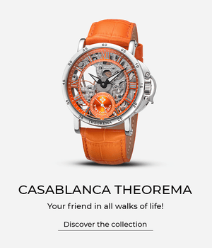 Orange leather band, silver case, Casablanca watch. Discover the collection.