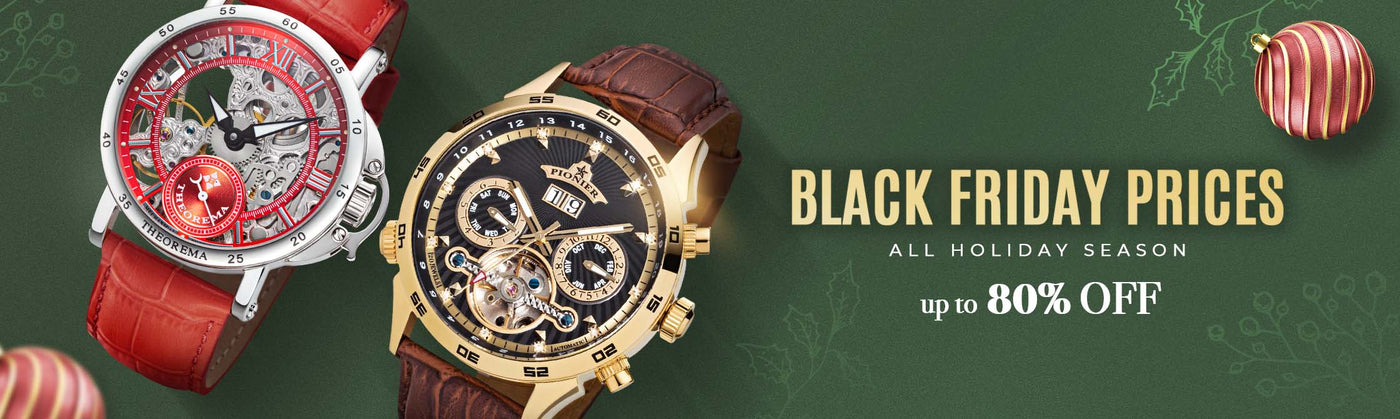 Two watches on a green background with Black Friday pricing text.