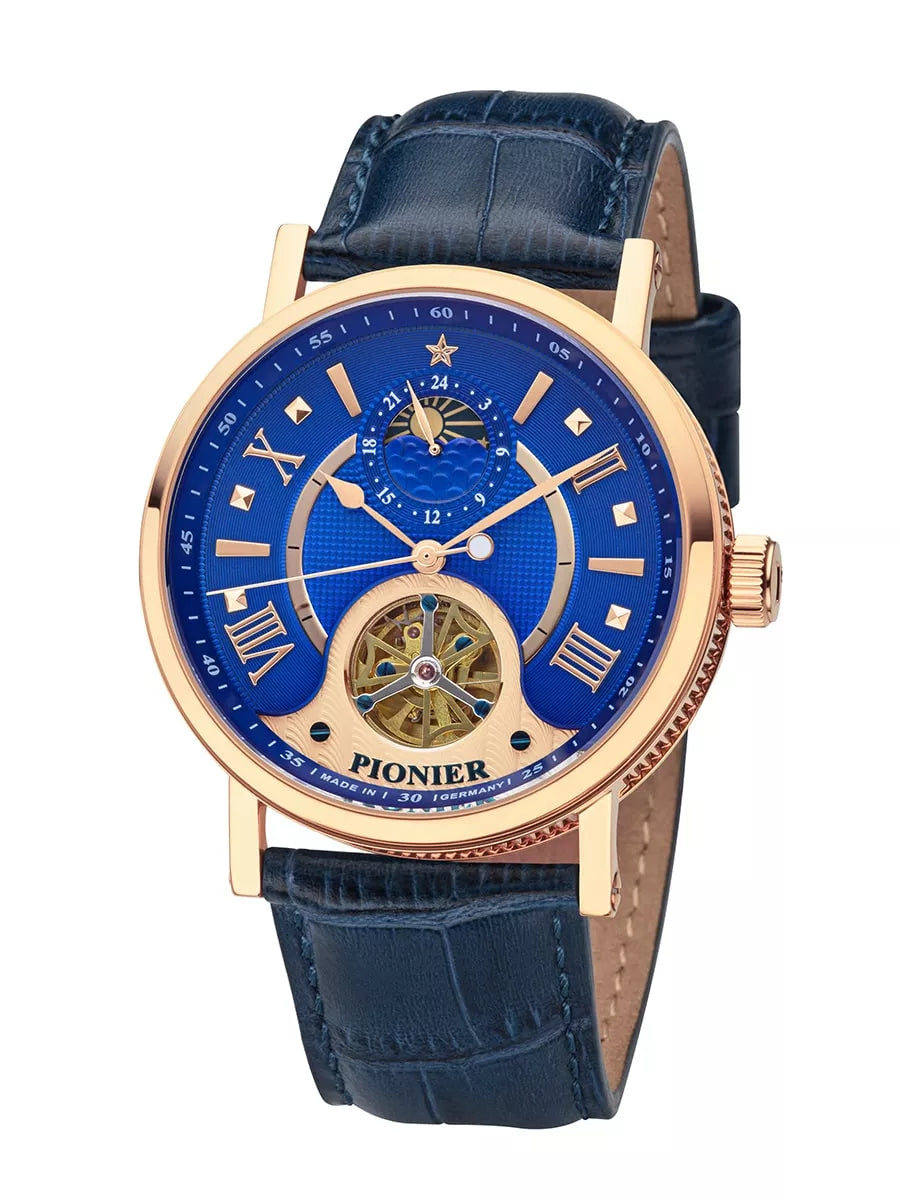 Watch for him the Boston collection with blue leather and rose case