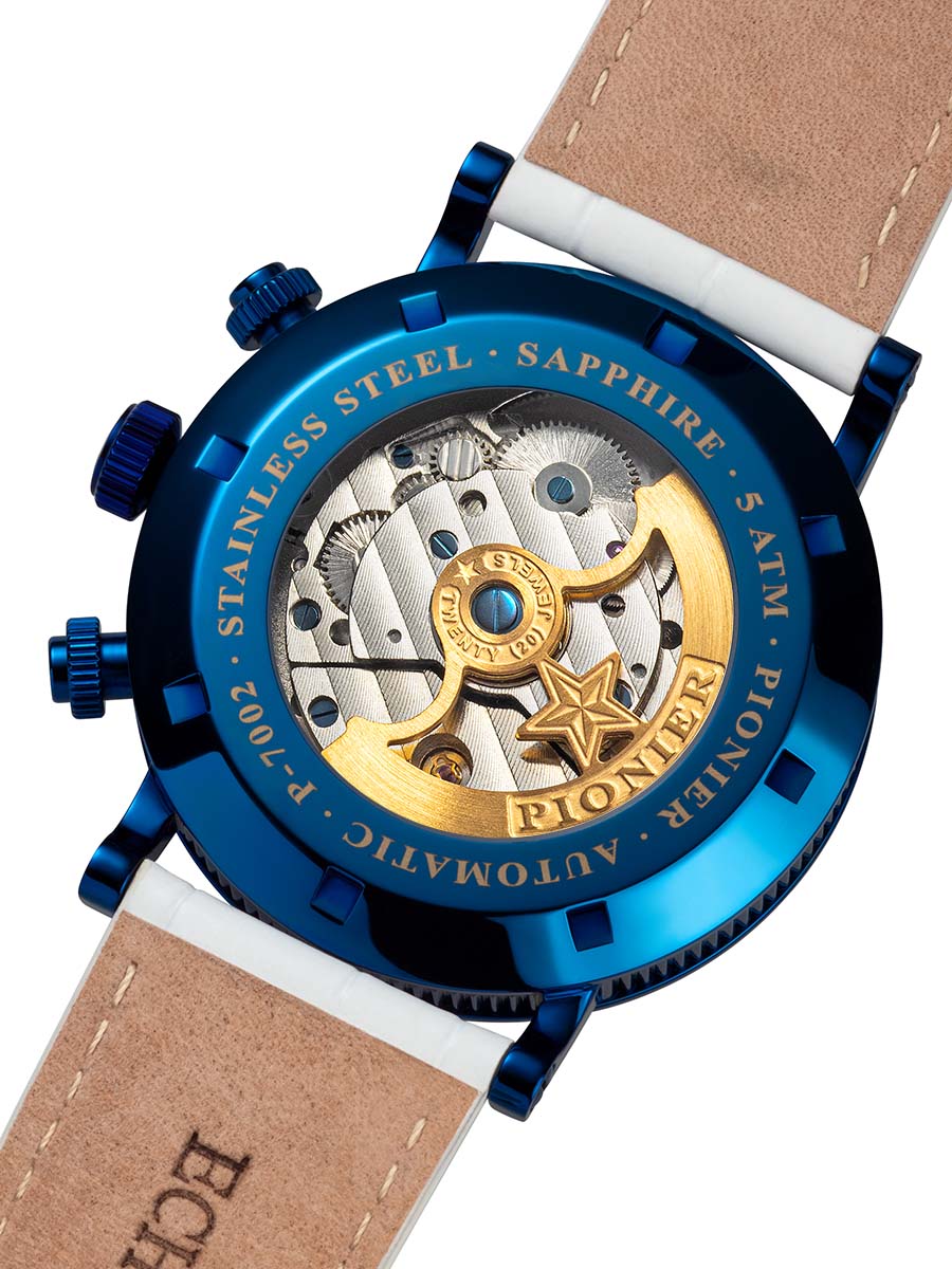 Leather band with blue color case and an open back to view the gold color engraved rotor.