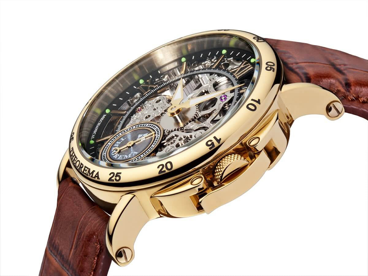 Gold plated case with Arabic numerals and leather band.