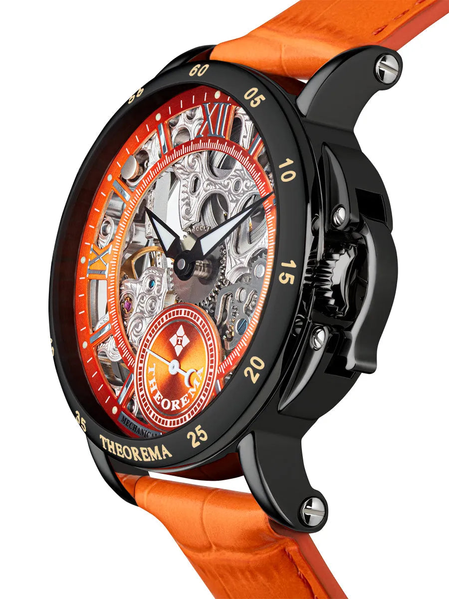 Mechanical watch with skeleton dial with black case and black crown