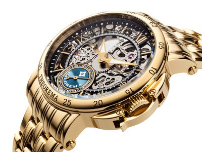 Mechanical watch with skeleton dial with gold case and gold crown