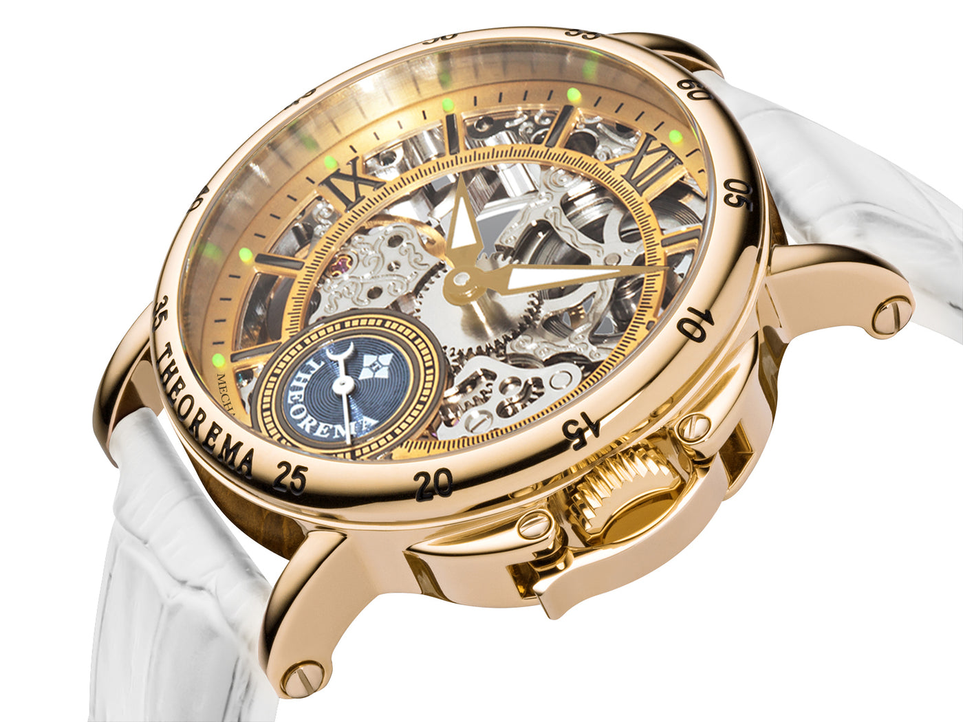 Mechanical watch with skeleton dial with gold case and gold crown