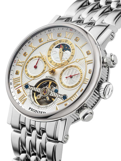 All silver stainless steel watch with push buttons on the side and a crown button with letter P on it.