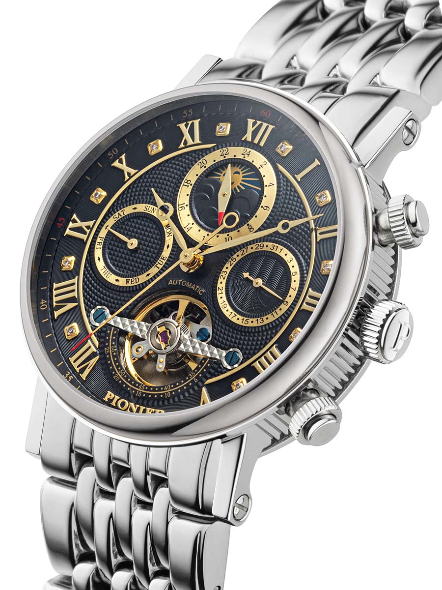 Black dial with three gold color hands and gold color Roman numerals and diamonds on the dial.