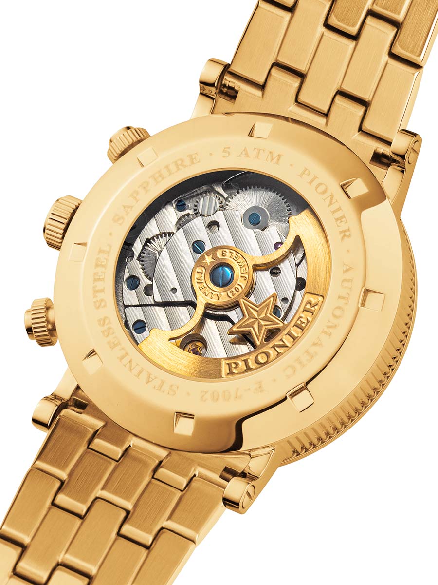 Sapphire crystal open back design visible the engraved rotor.