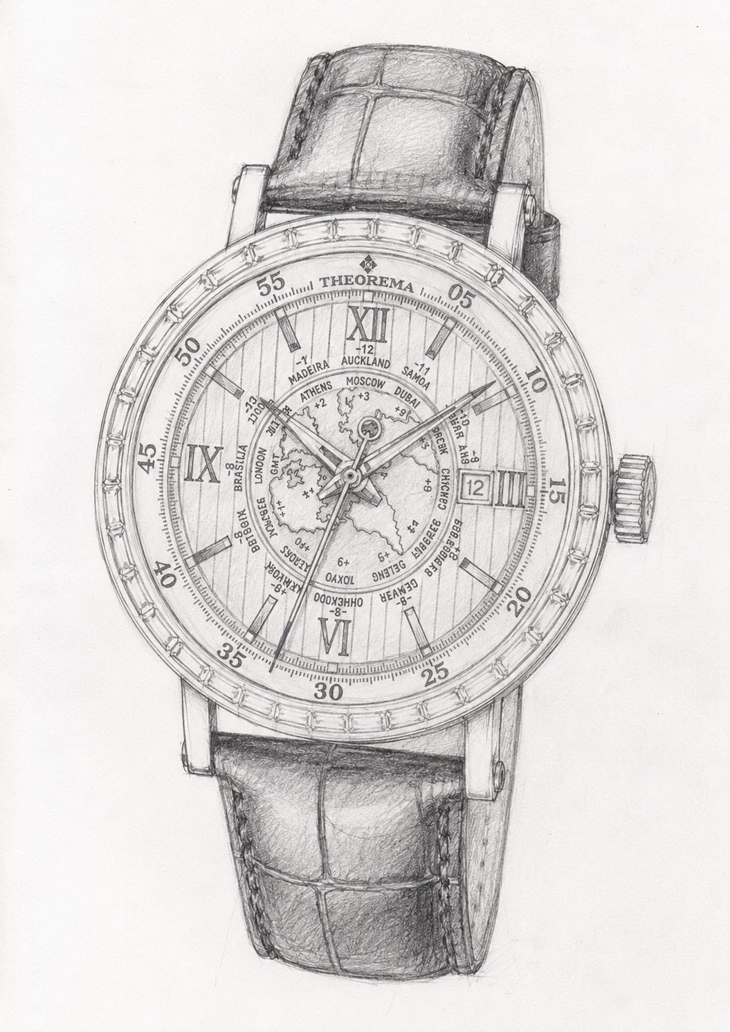 A detailed pencil sketch of a luxury wristwatch with a textured alligator leather strap and an intricate dial featuring Roman numerals and subdials.