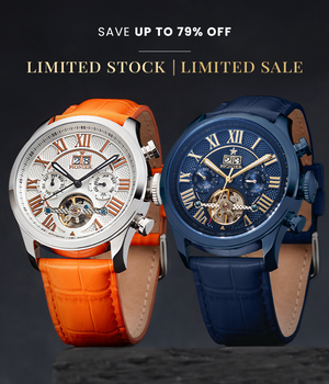 Save up to 79% off. Limited stock. Limited sale. Two automatic watches one in orange color the other in blue color.