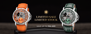 Limited Sale. Limited stock. Save up to 79% off. Two watches showcased with orange and green leather band.