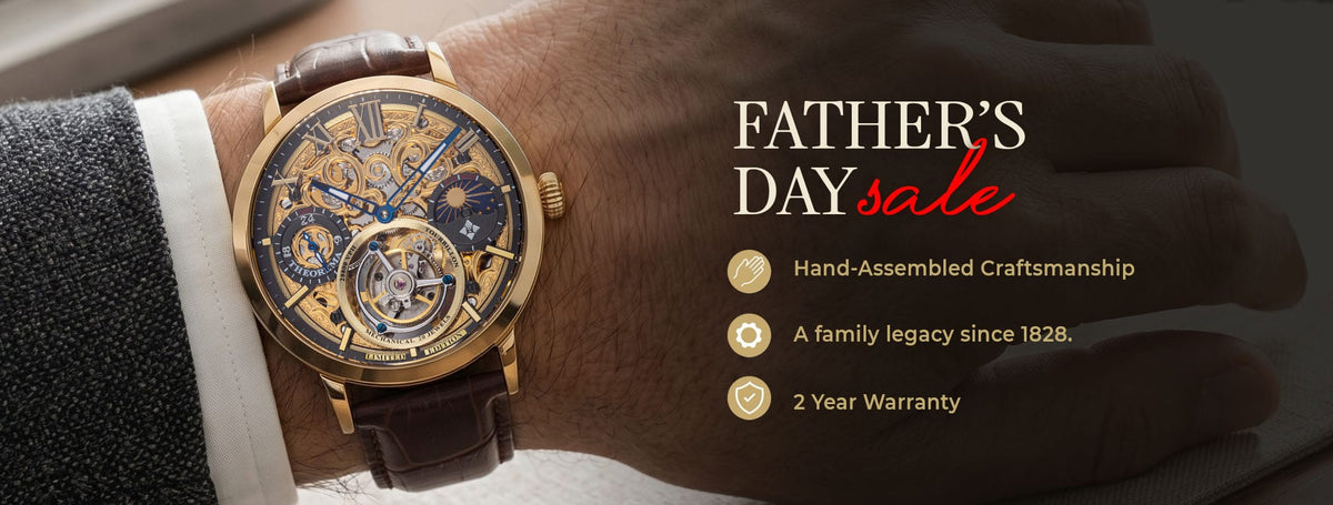 Luxury watch with a brown leather strap on wrist, featuring text about craftsmanship and warranty.