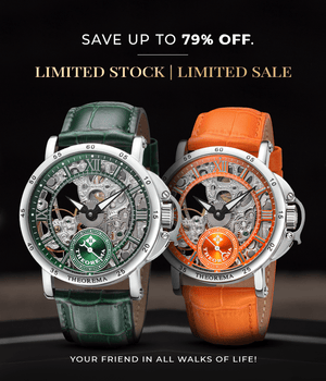 Limited Sale. Limited stock. Save up to 79% off. Two watches showcased with orange and green leather band.