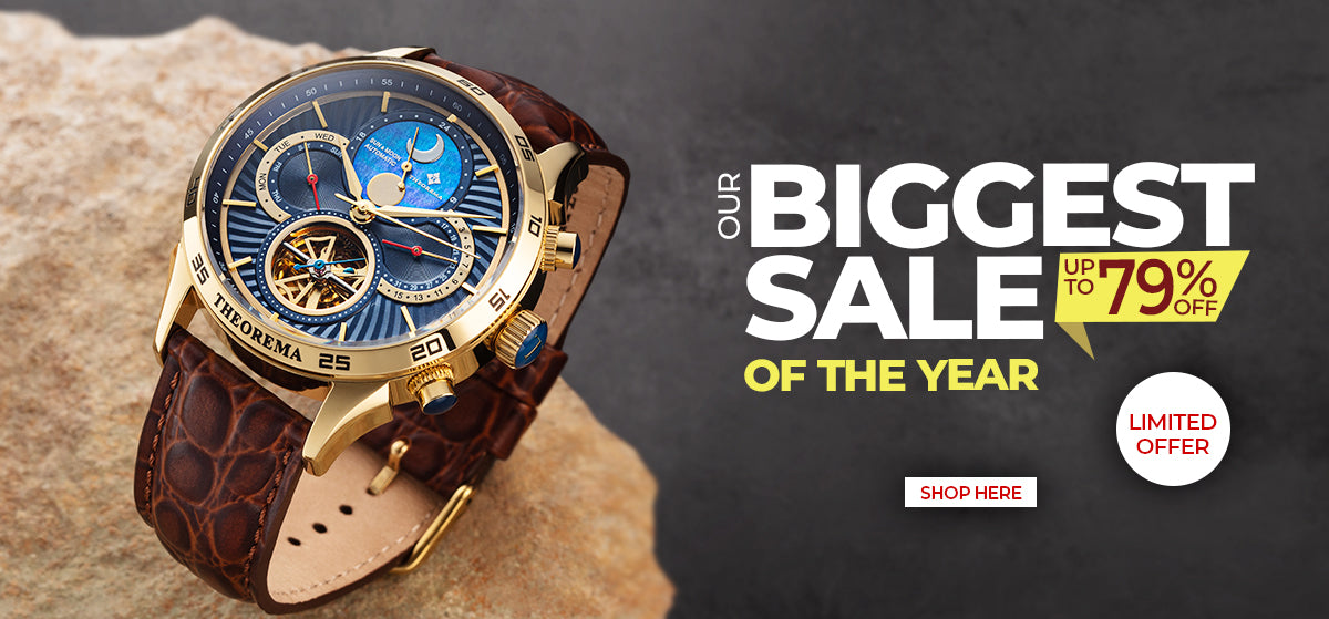 Gold case blue dial watch with the writing Our biggest sale of the year up to 79% off limited offer shop here.