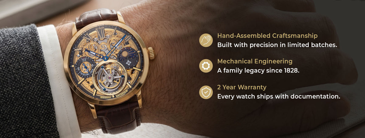 Luxury watch with brown leather strap on wrist, featuring text about craftsmanship and warranty.