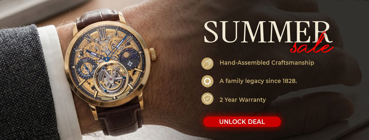 Gold wristwatch on a hand with 'Summer Sale' text and watch features displayed.