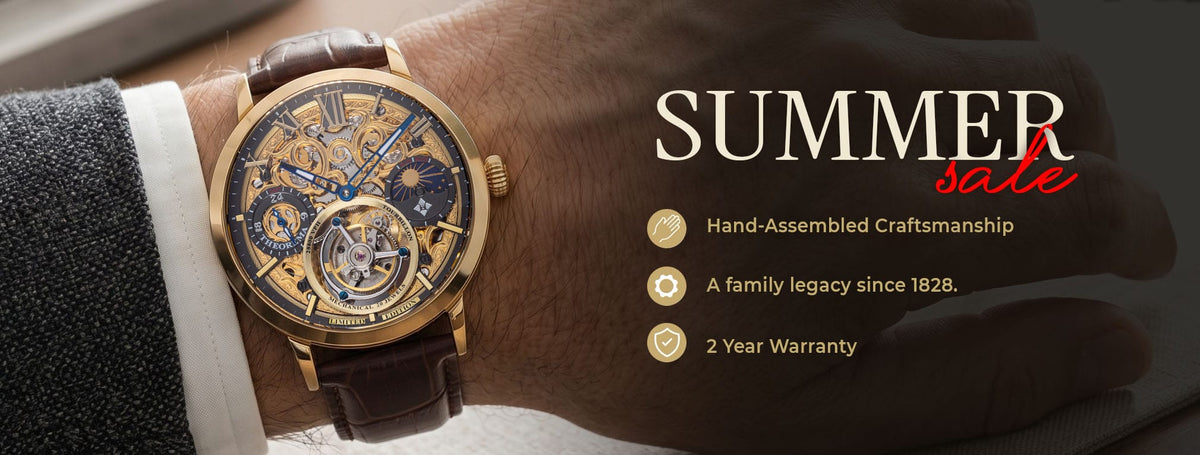 Luxury watch on a wrist with 'Summer sale' text and watch features listed.