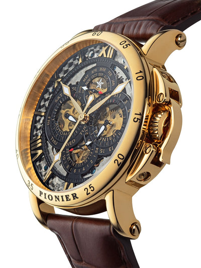 Gold case with brown leather and gold crown with Roman numerals.