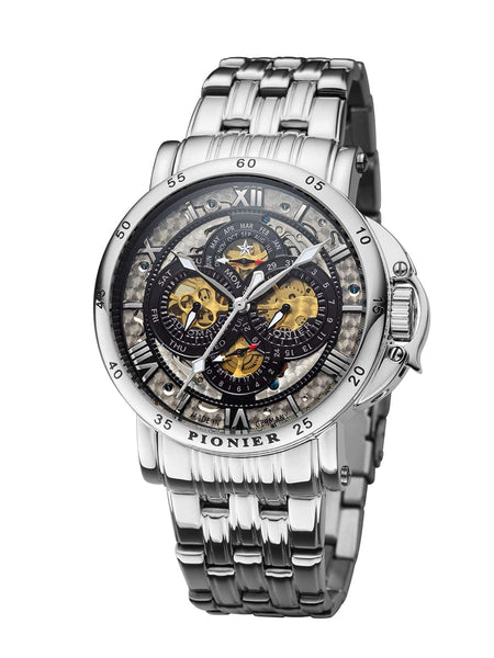 Silver case, silver bracelet, silver dial, silver Roman numerals. 