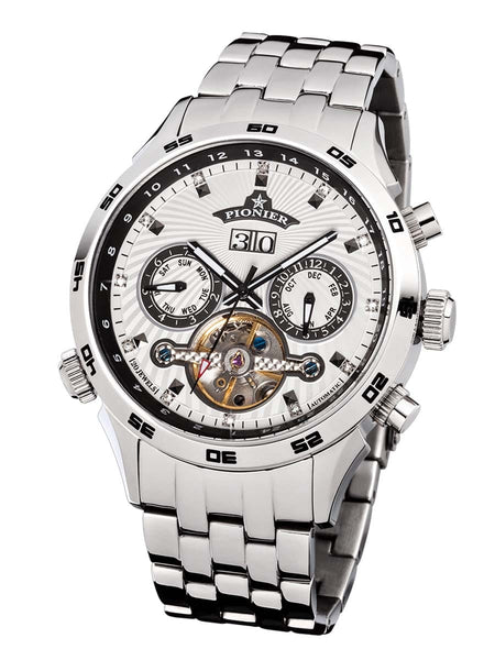 Pioner stainless steel automatic chronograph watch with a silver-tone metal link bracelet, featuring a white dial with black subdials, a date window, and a visible gold-tone mechanical movement through an open-heart design.