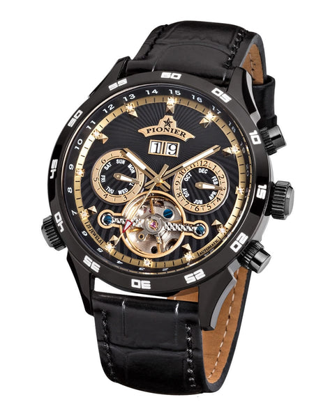 Automatic watch with black leather strap and gold detailed face on a white background.