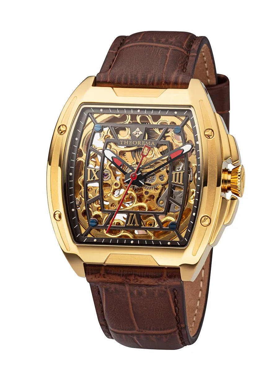 Frontal view of the automatic skeletonized St. Petersburg collection with brown leather.