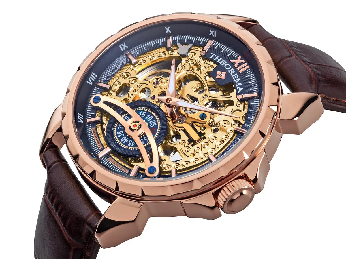 See through skeleton dial with rose color markers for the hour.