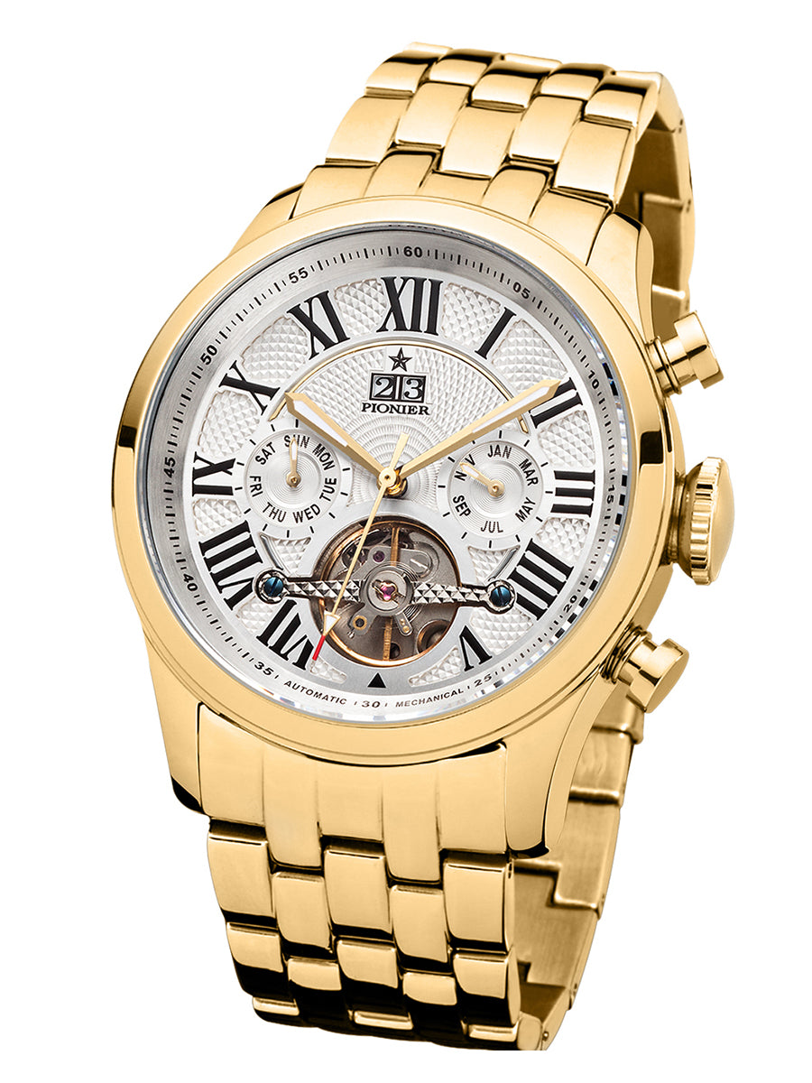 White dial with gold case and gold metal band. Havana collection by Pionier.