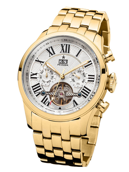 Calendar Gold wristwatch with a detailed face on a white background
