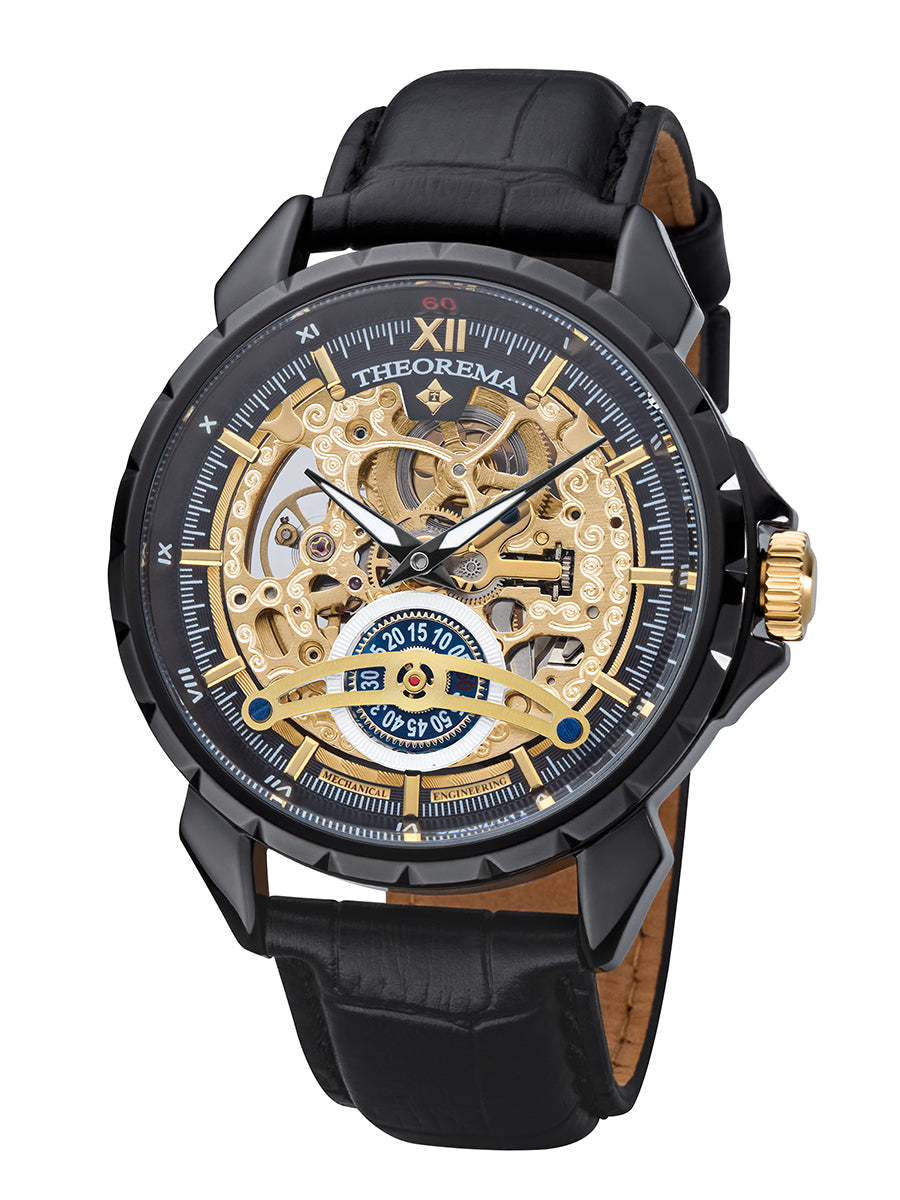 Black case, black leather band, with gold crown and skeletonized dial.