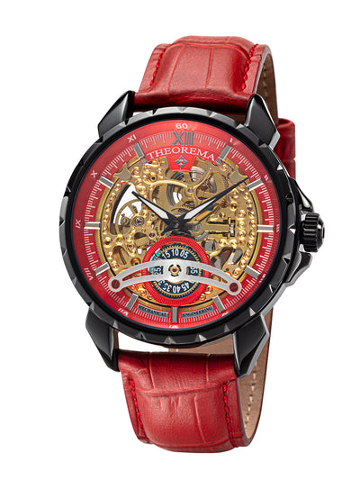 Black case, red leather band, with black crown and skeletonized dial.