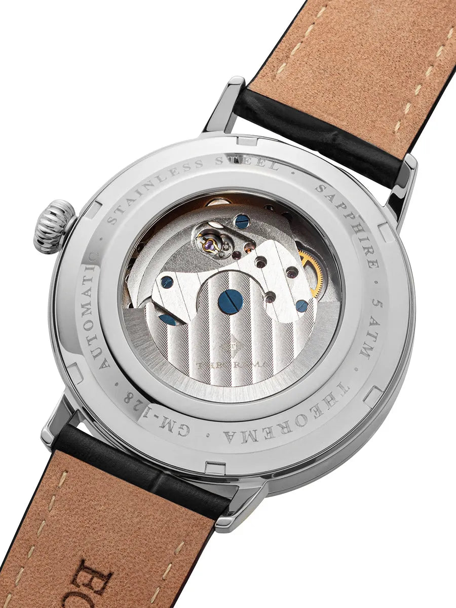 Open back with sapphire glass to have a better view of the inside mechanism with the Theorema engraved on it.