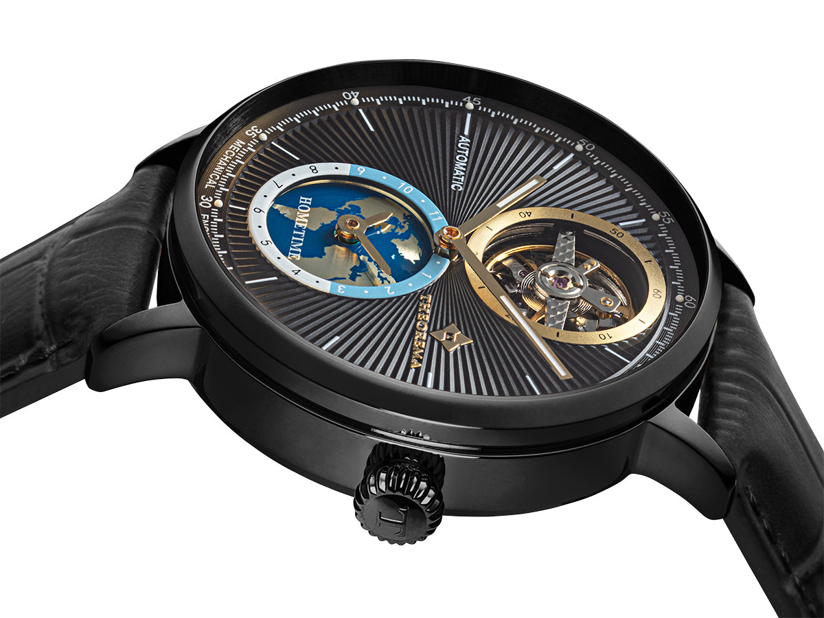 World map at 6 a clock to showcase that the watch has a dual-time feature.