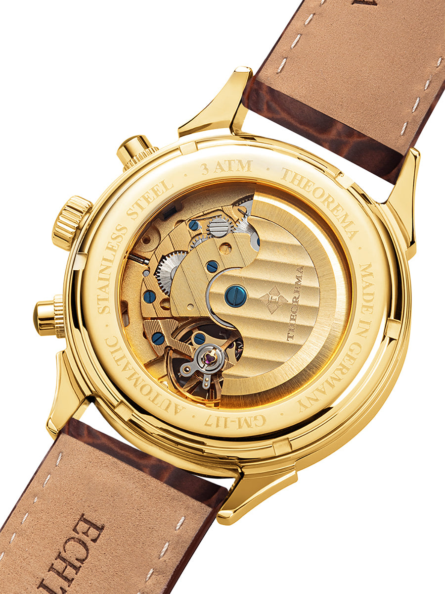 Open back case with gold mechanism and visible gears inside and a standard buckle for the band.