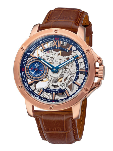 Luxury watch with rose gold case and brown leather strap on white background