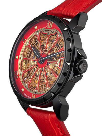 Side view of the London collection with red leather band and black case in a skeletonized dial.