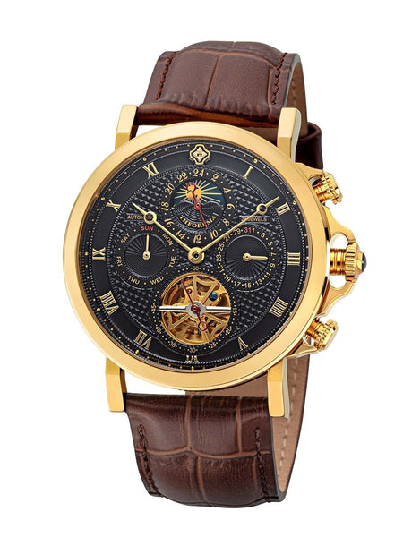 Automatic Macau T3011-3 black dial with gold case and brown leather band.
