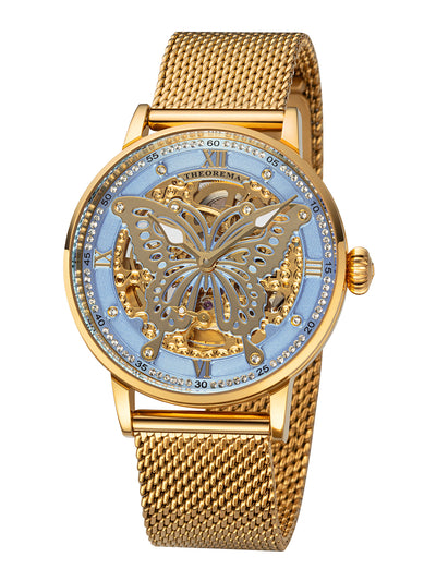 All stainless steel watch in gold color with a skeletonized dial and 82 Swarovski crystals.