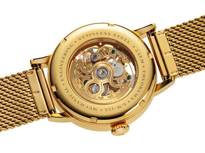 Open back to showcase the gold color automatic movement through the sapphire crystal.