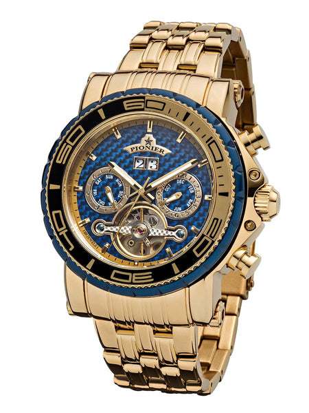 Blue dial with baton markers for the hour, with a calendar function.