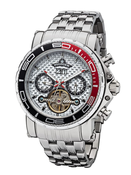 All silver color watch with hints of black and red and push buttons to the right for the calendar.