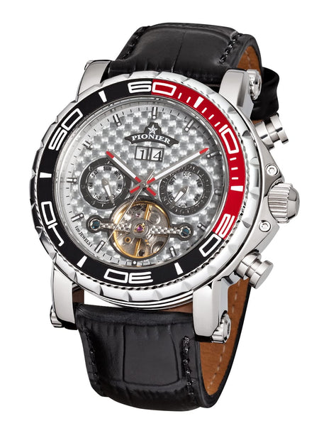Black leather band with silver dial and silver, black, and red case.
