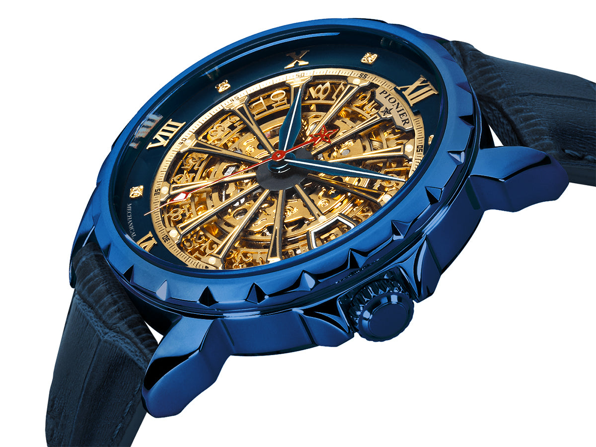 Side view of the London collection with blue leather band and blue case in a skeletonized dial.