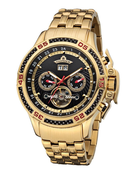 Amsterdam Pionier GM-515-9 black dial with gold case and stainless steel band.
