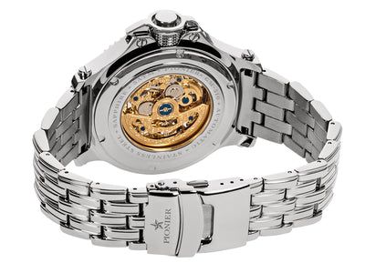 Stainless steel bracelet with a Pionier logo on the clasp and open back case to view the automatic movement.