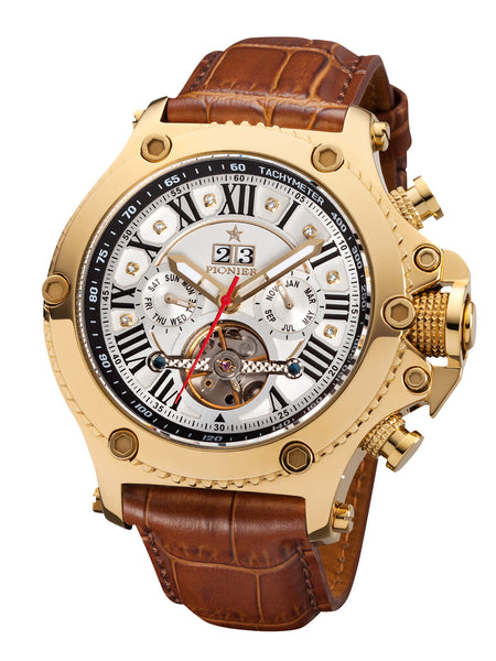 Luxury watch with gold color case, a brown leather strap, and 8 diamonds on the dial on a white background.
