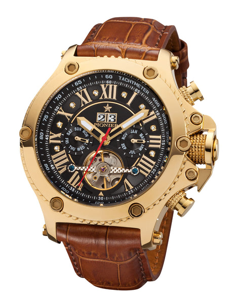 Brown leather band watch with gold color case with big push buttons on the right for the calendar.